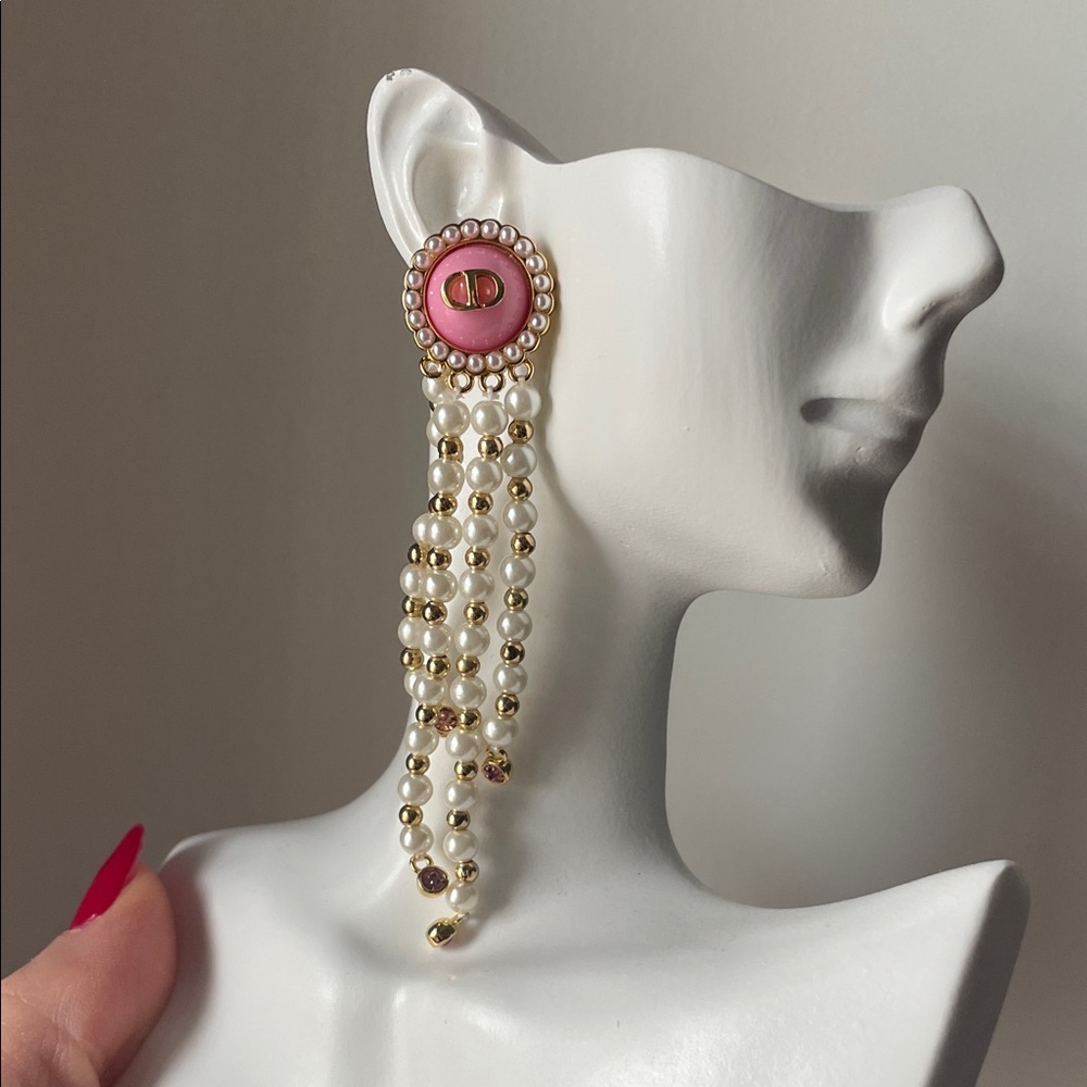 CD Gold & Pink Pearl Fringe Drop Earrings